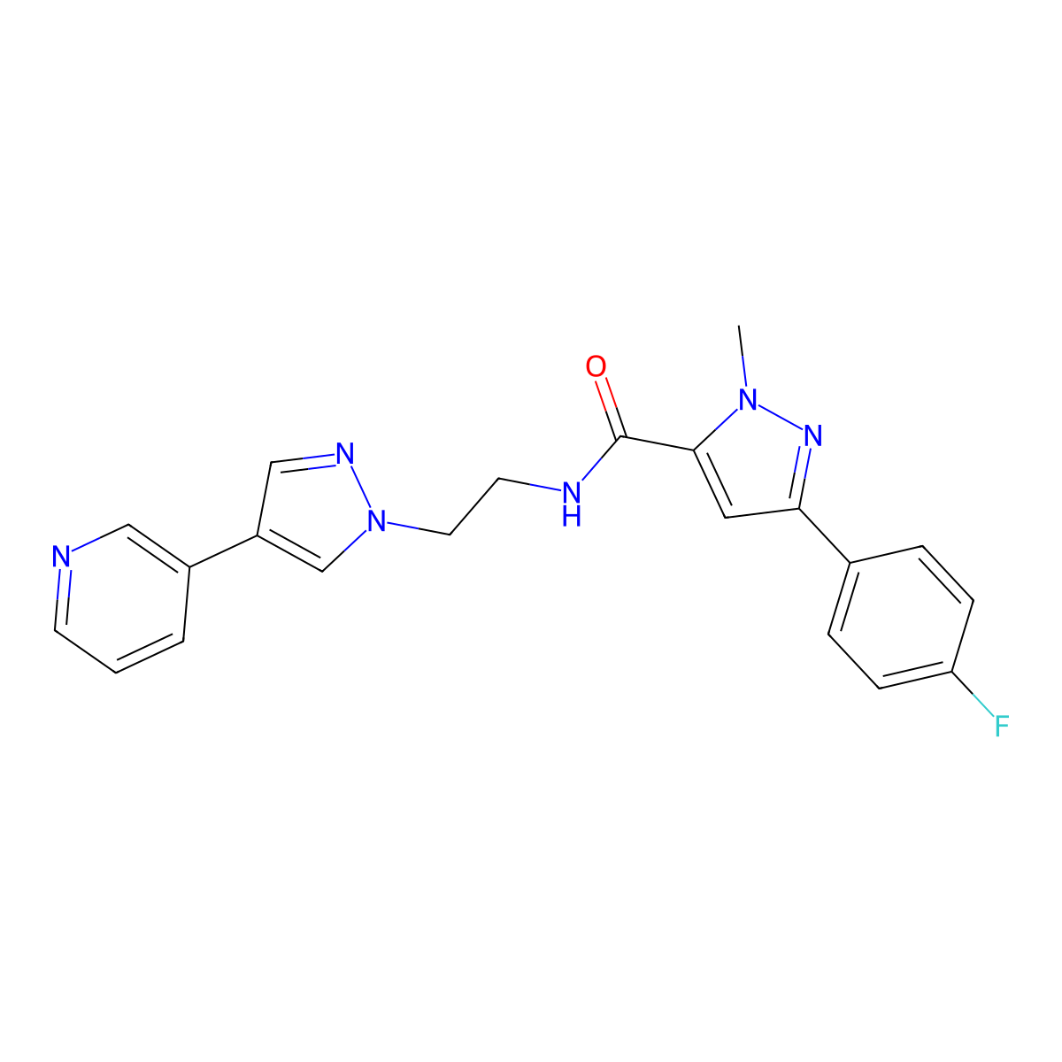 3-(4-fluorophenyl)-1-methyl-N-{2-[4-(pyridin-3-yl)-1H-pyrazol-1-yl]ethyl}-1H-pyrazole-5-carboxamide molecular structure, CAS 2097914-72-0