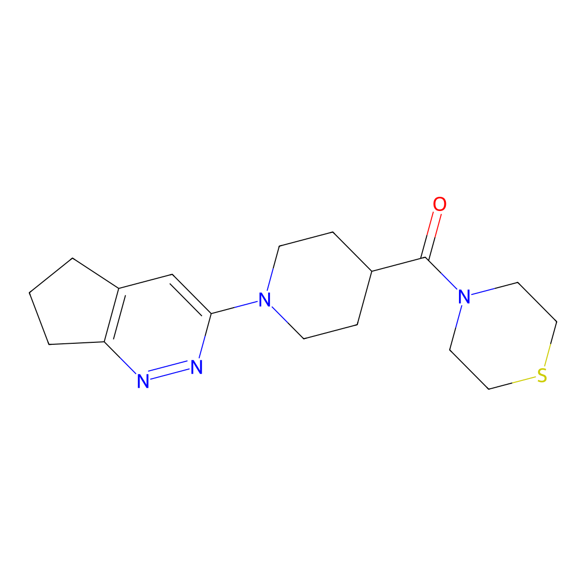 4-(1-{5H,6H,7H-cyclopenta[c]pyridazin-3-yl}piperidine-4-carbonyl)thiomorpholine molecular structure, CAS 2097914-78-6