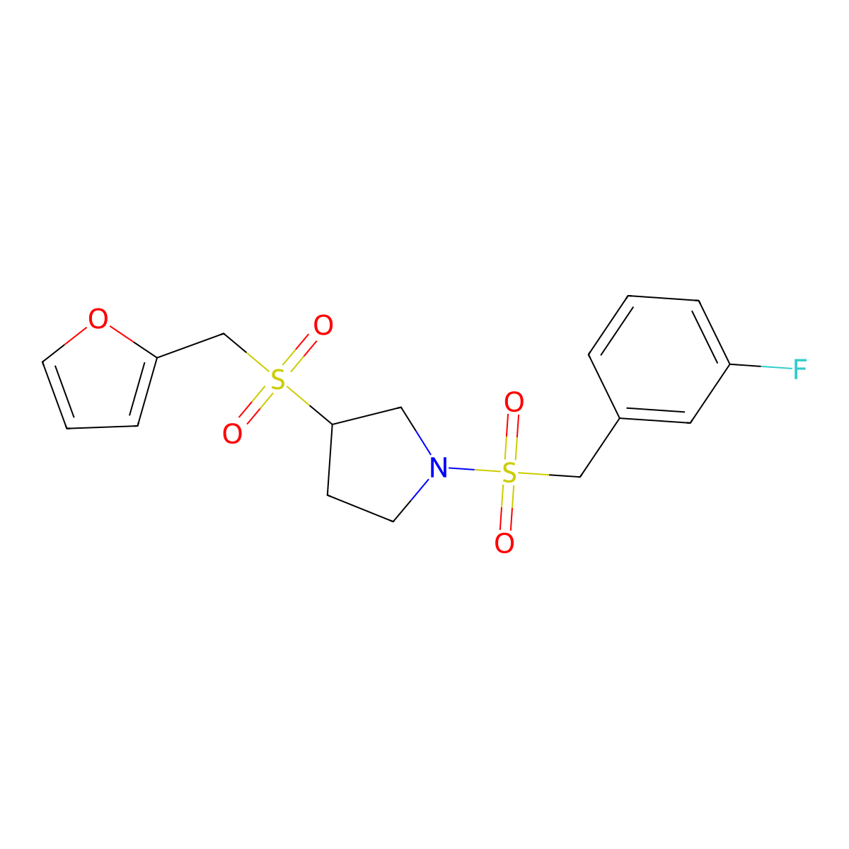 1-((3-Fluorobenzyl)sulfonyl)-3-((furan-2-ylmethyl)sulfonyl)pyrrolidine molecular structure, CAS 2097915-01-8