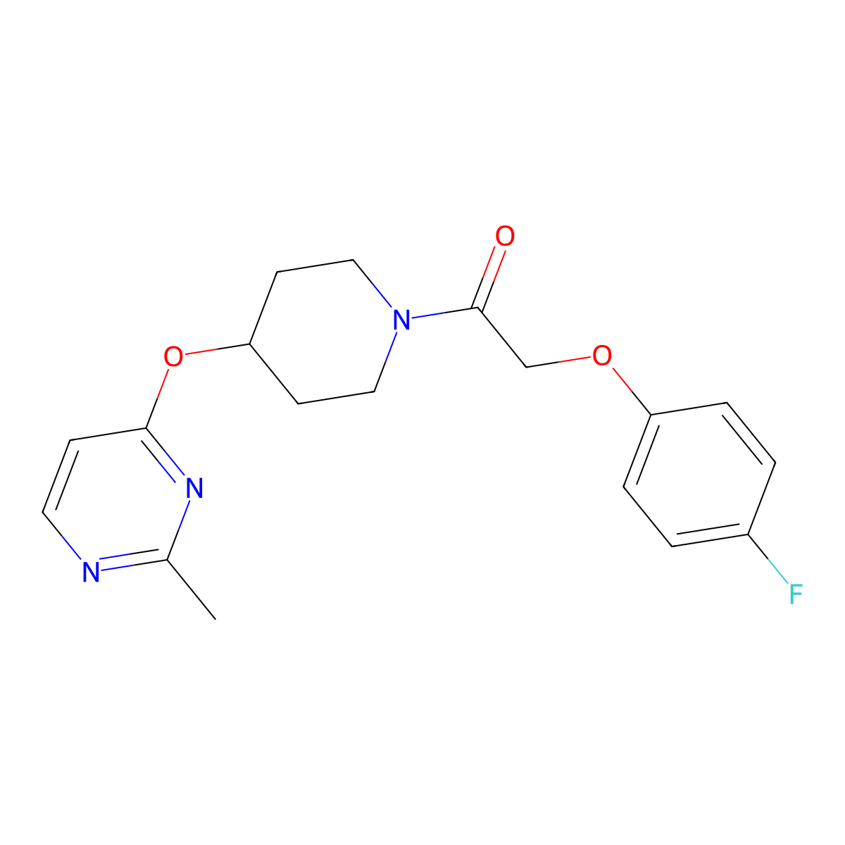 2-(4-Fluorophenoxy)-1-(4-((2-methylpyrimidin-4-yl)oxy)piperidin-1-yl)ethanone molecular structure, CAS 2097915-06-3