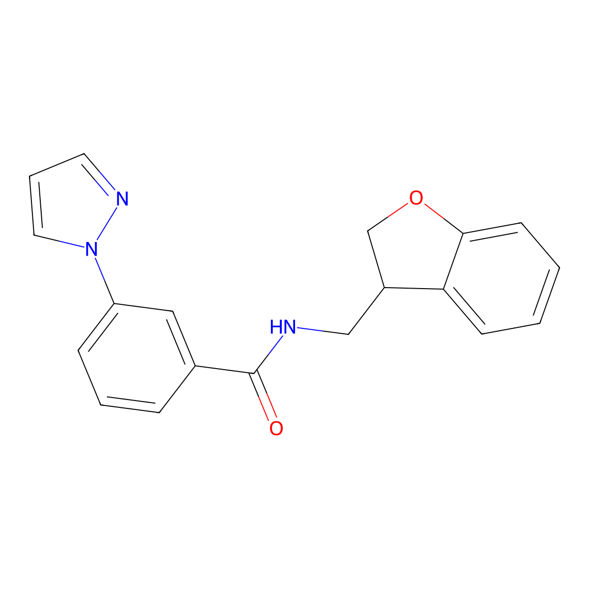 N-[(2,3-dihydro-1-benzofuran-3-yl)methyl]-3-(1H-pyrazol-1-yl)benzamide molecular structure, CAS 2097915-07-4