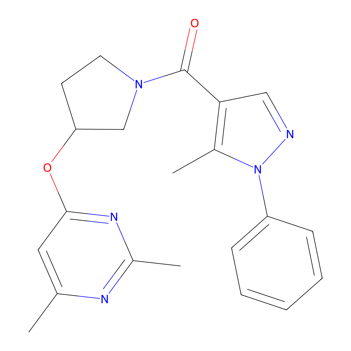 2,4-dimethyl-6-{[1-(5-methyl-1-phenyl-1H-pyrazole-4-carbonyl)pyrrolidin-3-yl]oxy}pyrimidine molecular structure, CAS 2097915-08-5