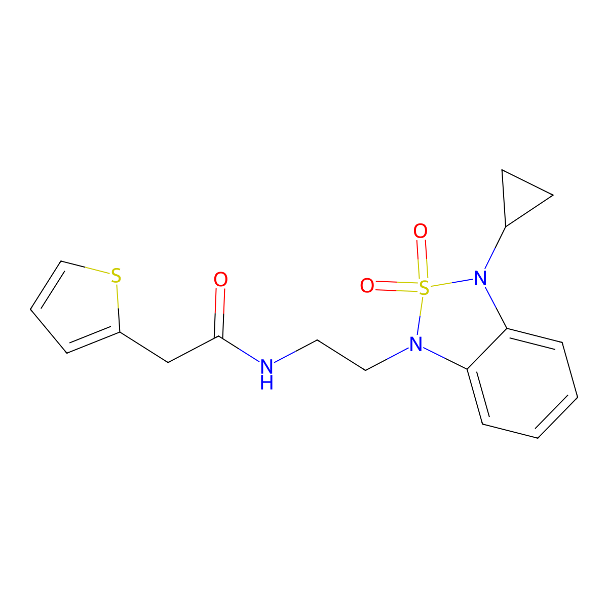 N-[2-(3-cyclopropyl-2,2-dioxo-1,3-dihydro-2lambda6,1,3-benzothiadiazol-1-yl)ethyl]-2-(thiophen-2-yl)acetamide molecular structure, CAS 2097915-14-3