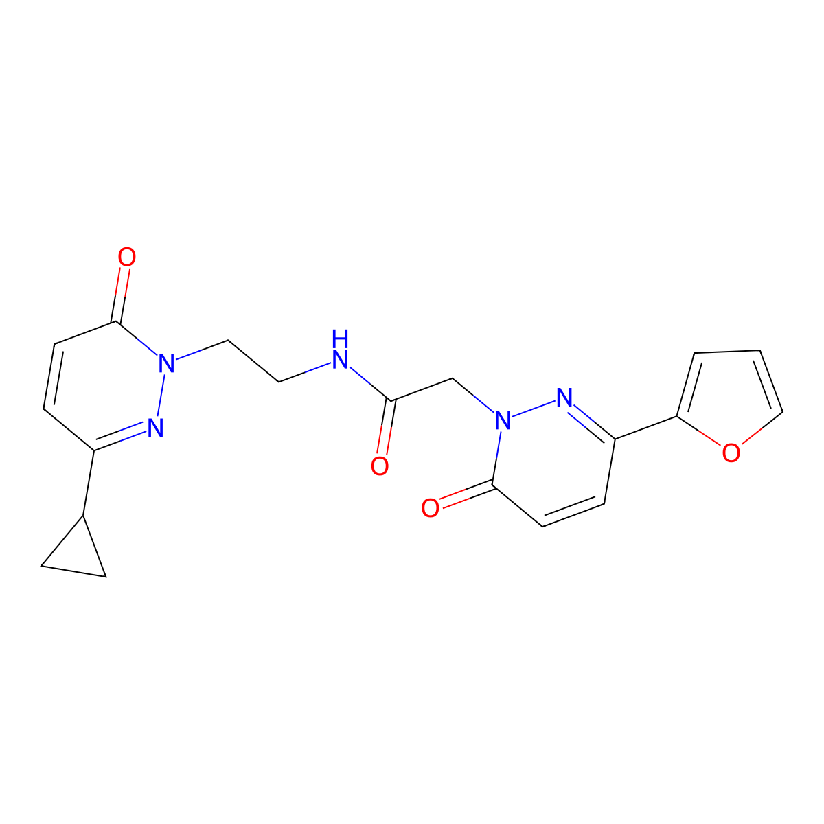 N-(2-(3-cyclopropyl-6-oxopyridazin-1(6H)-yl)ethyl)-2-(3-(furan-2-yl)-6-oxopyridazin-1(6H)-yl)acetamide molecular structure, CAS 2097915-42-7