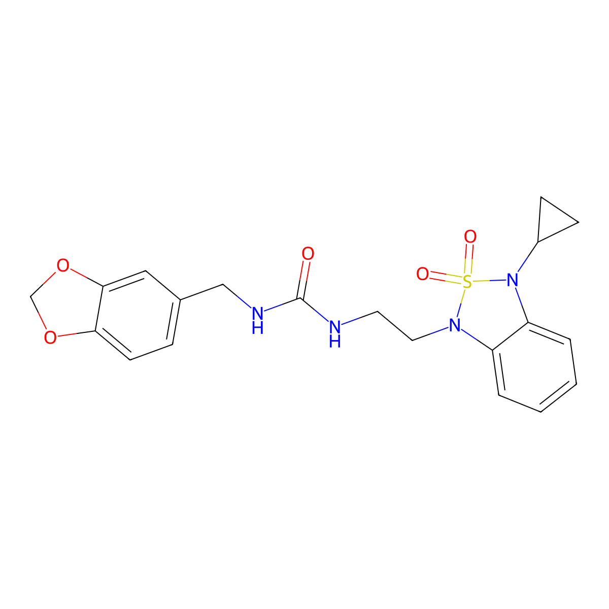 1-[(2H-1,3-benzodioxol-5-yl)methyl]-3-[2-(3-cyclopropyl-2,2-dioxo-1,3-dihydro-2lambda6,1,3-benzothiadiazol-1-yl)ethyl]urea molecular structure, CAS 2097915-44-9