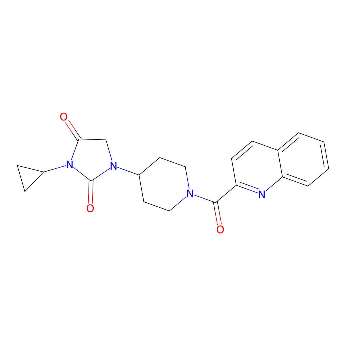 3-Cyclopropyl-1-[1-(quinoline-2-carbonyl)piperidin-4-yl]imidazolidine-2,4-dione molecular structure, CAS 2097915-48-3