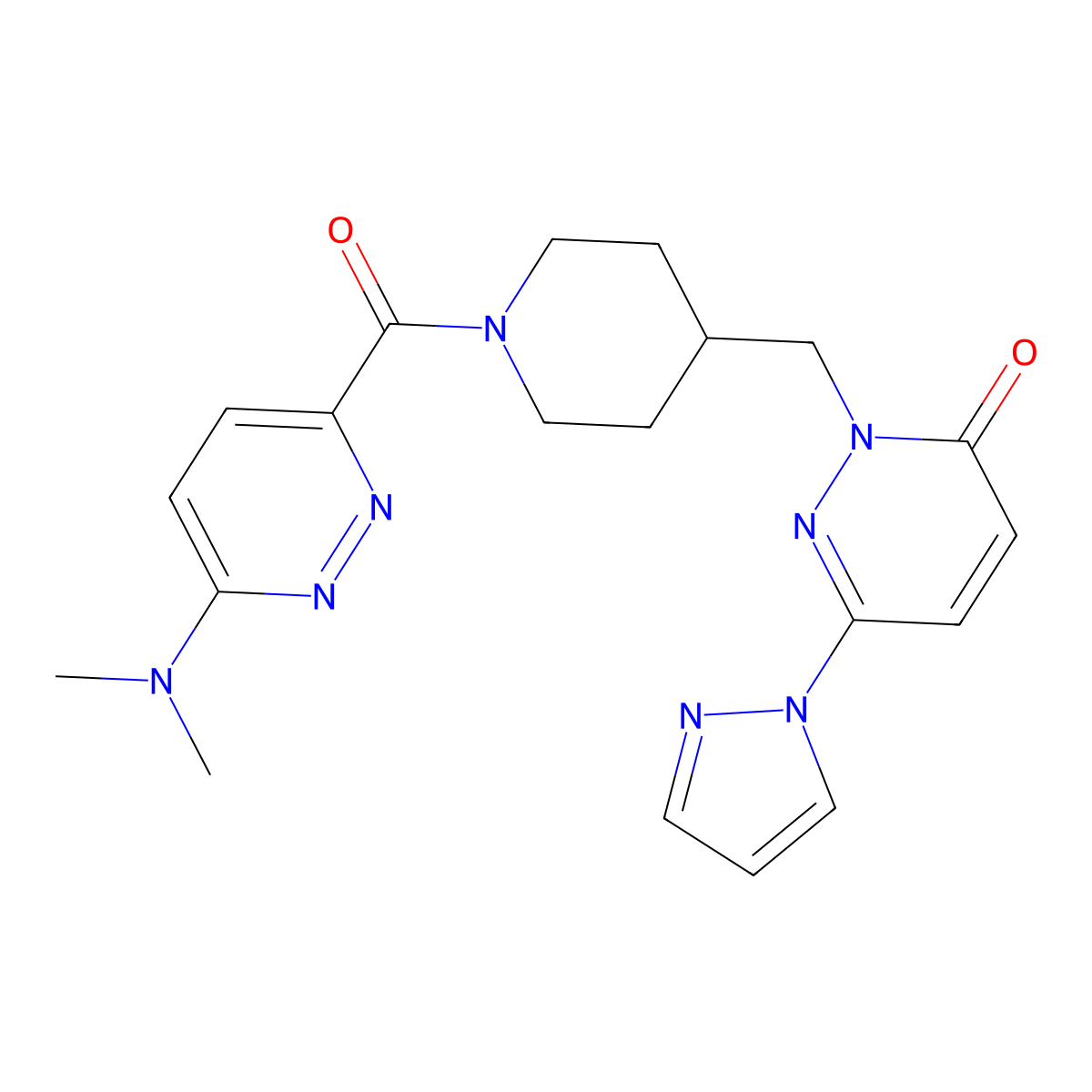 2-({1-[6-(dimethylamino)pyridazine-3-carbonyl]piperidin-4-yl}methyl)-6-(1H-pyrazol-1-yl)-2,3-dihydropyridazin-3-one molecular structure, CAS 2097915-49-4