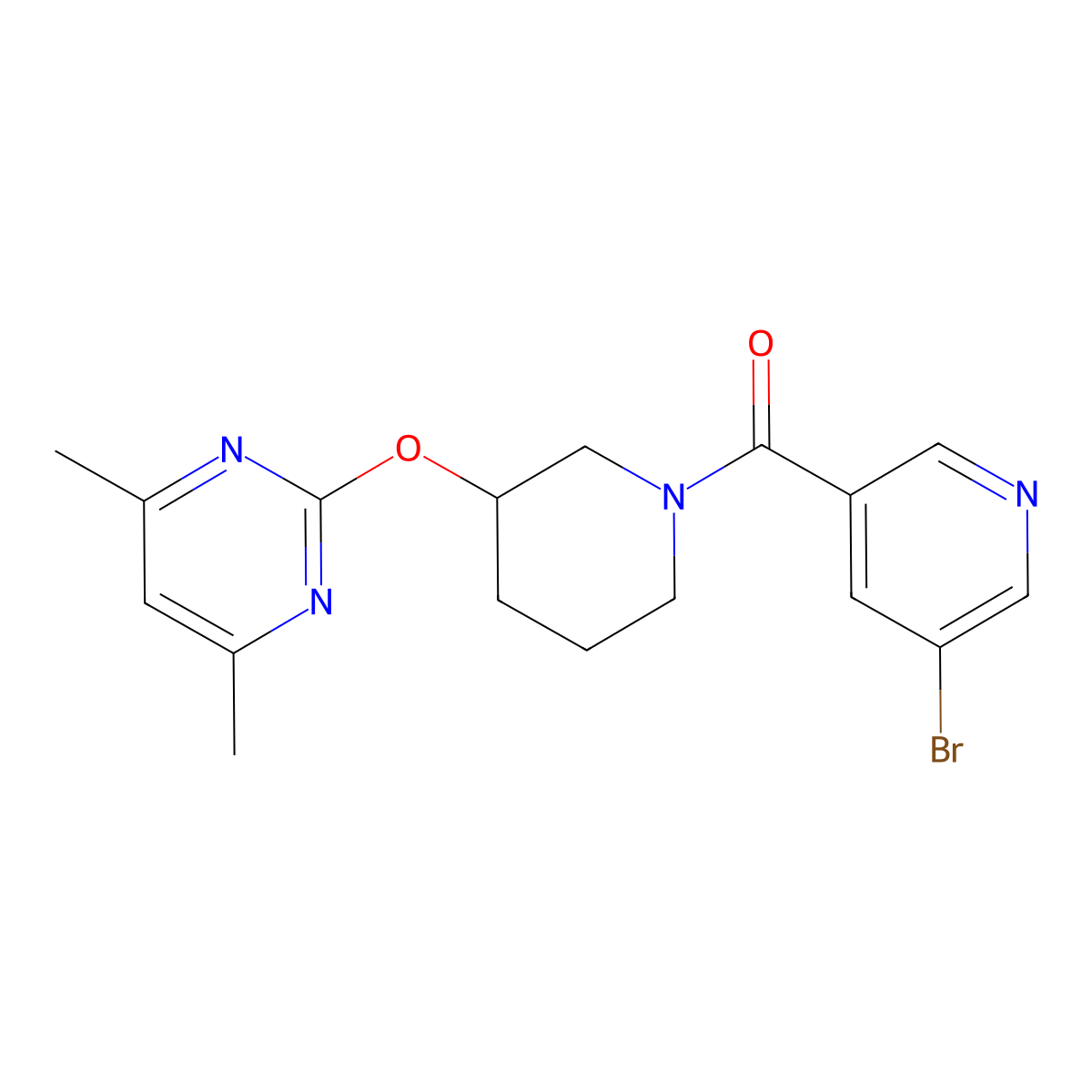 (5-Bromopyridin-3-yl)(3-((4,6-dimethylpyrimidin-2-yl)oxy)piperidin-1-yl)methanone molecular structure, CAS 2097915-53-0