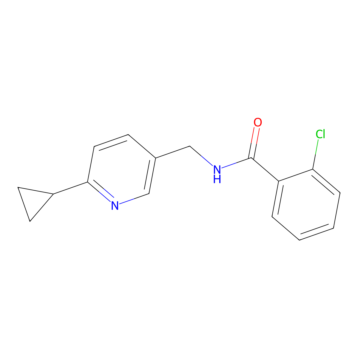 2-chloro-N-[(6-cyclopropylpyridin-3-yl)methyl]benzamide molecular structure, CAS 2097915-59-6