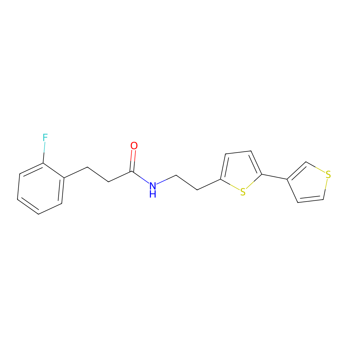 N-(2-{[2,3'-bithiophene]-5-yl}ethyl)-3-(2-fluorophenyl)propanamide molecular structure, CAS 2097915-60-9