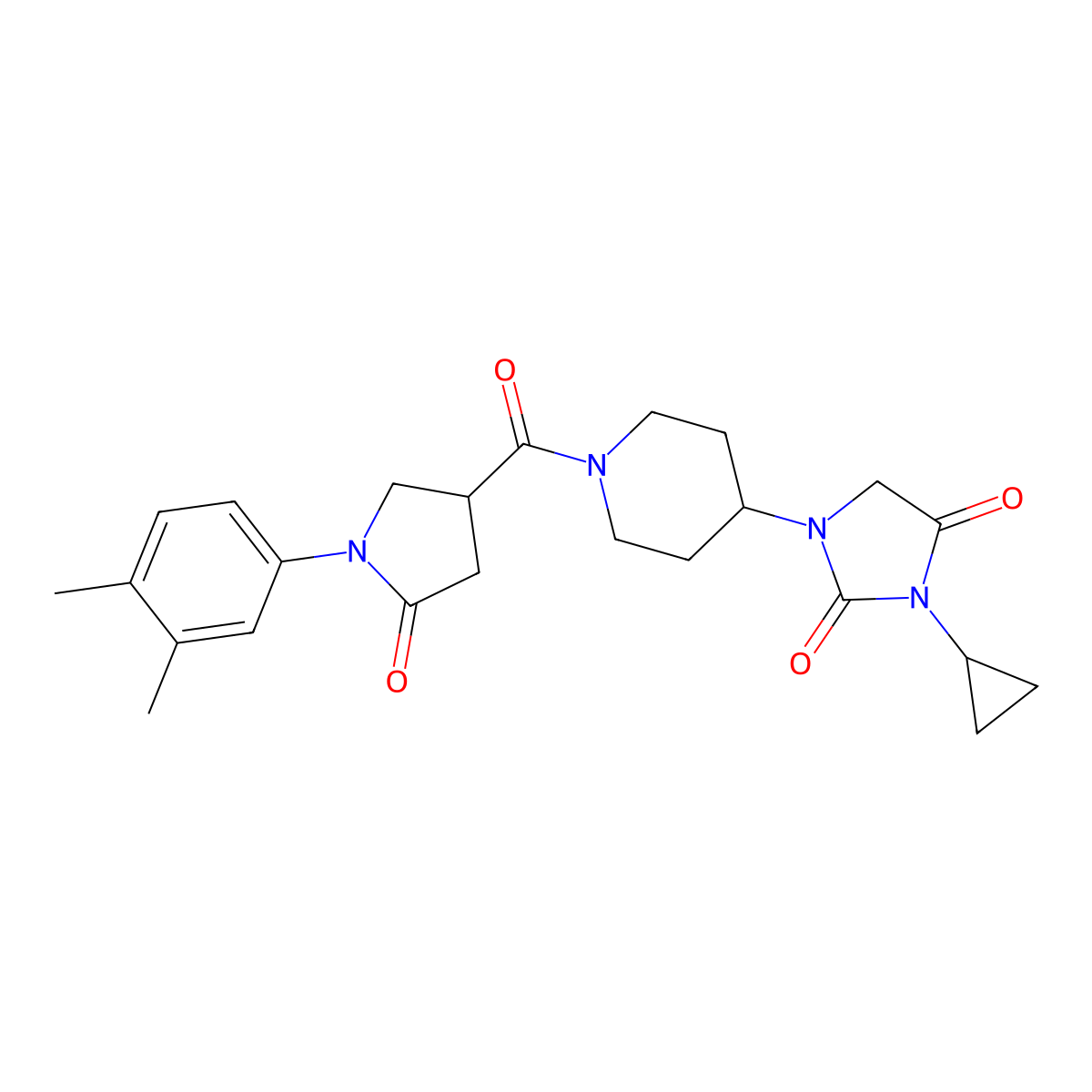 3-Cyclopropyl-1-{1-[1-(3,4-dimethylphenyl)-5-oxopyrrolidine-3-carbonyl]piperidin-4-yl}imidazolidine-2,4-dione molecular structure, CAS 2097915-84-7