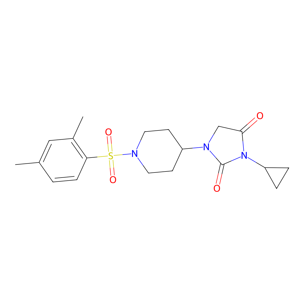 3-Cyclopropyl-1-[1-(2,4-dimethylbenzenesulfonyl)piperidin-4-yl]imidazolidine-2,4-dione molecular structure, CAS 2097916-02-2