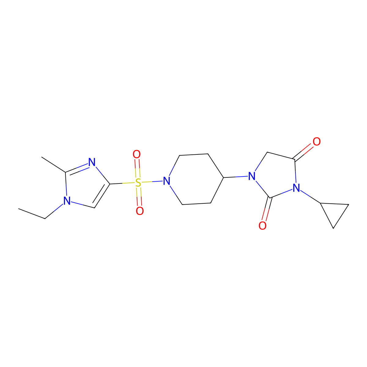 3-cyclopropyl-1-{1-[(1-ethyl-2-methyl-1H-imidazol-4-yl)sulfonyl]piperidin-4-yl}imidazolidine-2,4-dione molecular structure, CAS 2097916-05-5