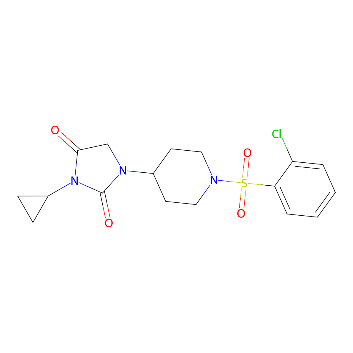 1-[1-(2-Chlorobenzenesulfonyl)piperidin-4-yl]-3-cyclopropylimidazolidine-2,4-dione molecular structure, CAS 2097916-11-3