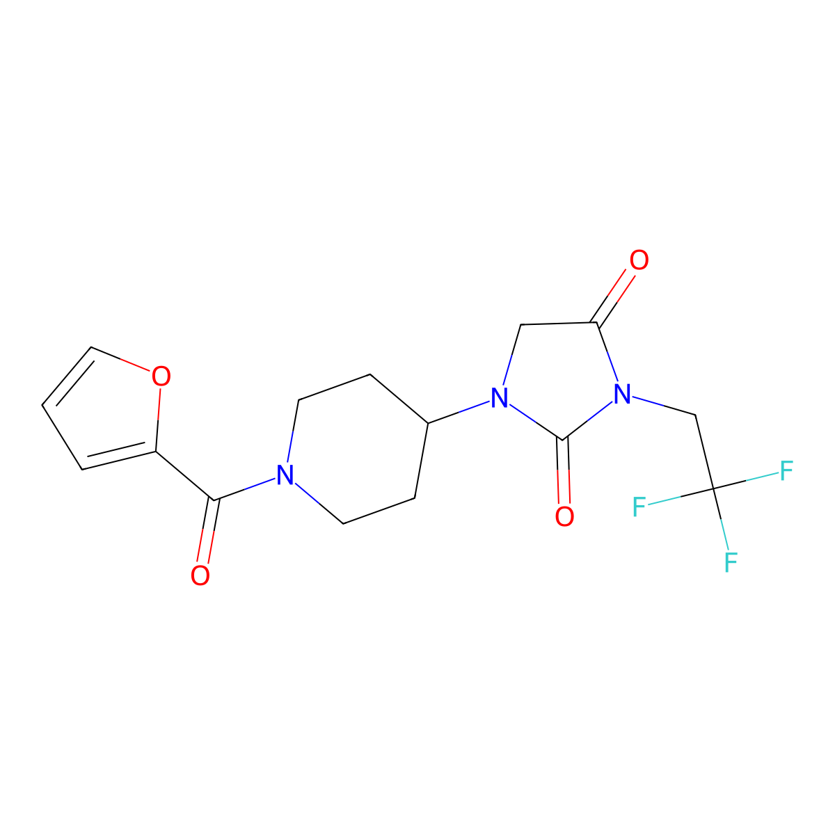 1-[1-(Furan-2-carbonyl)piperidin-4-yl]-3-(2,2,2-trifluoroethyl)imidazolidine-2,4-dione molecular structure, CAS 2097916-26-0
