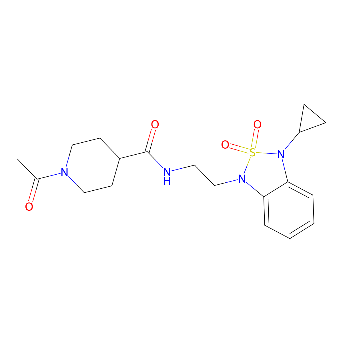 1-acetyl-N-[2-(3-cyclopropyl-2,2-dioxo-1,3-dihydro-2lambda6,1,3-benzothiadiazol-1-yl)ethyl]piperidine-4-carboxamide molecular structure, CAS 2097916-29-3