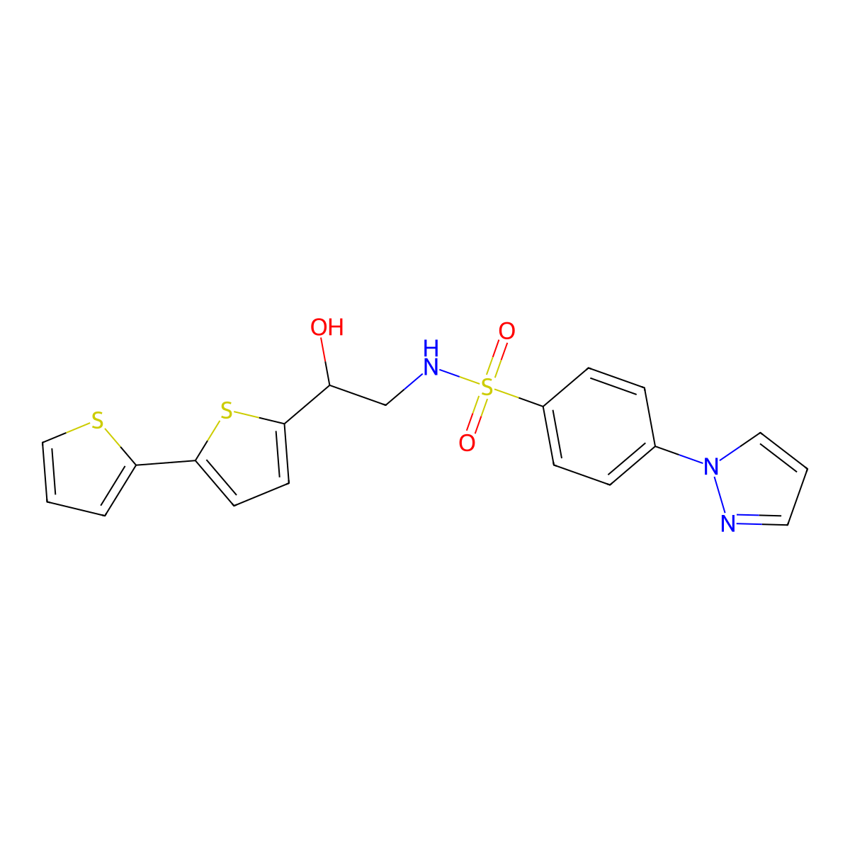 2-{[2,2'-bithiophene]-5-yl}-2-hydroxy-S-[4-(1H-pyrazol-1-yl)phenyl]ethane-1-sulfonamido molecular structure, CAS 2097916-31-7