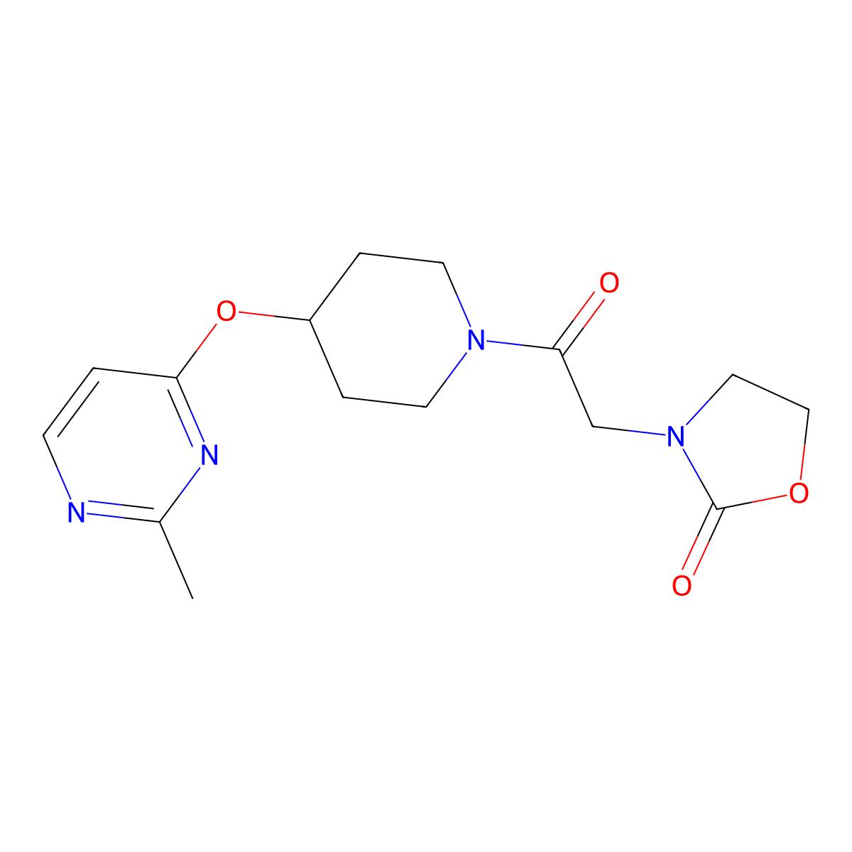 3-(2-(4-((2-Methylpyrimidin-4-yl)oxy)piperidin-1-yl)-2-oxoethyl)oxazolidin-2-one molecular structure, CAS 2097916-36-2