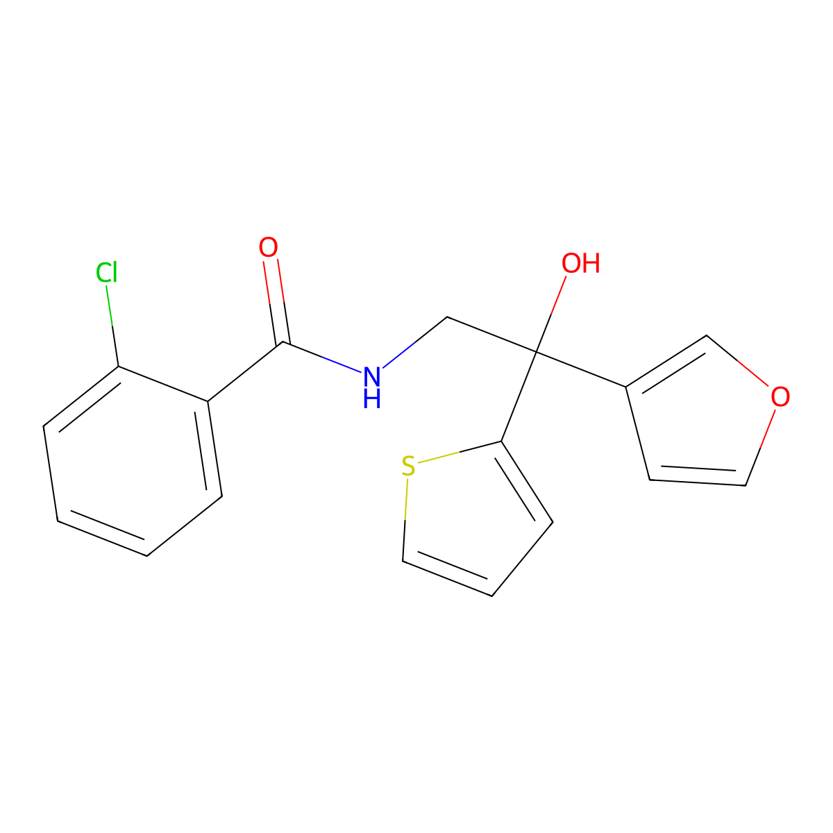 2-chloro-N-[2-(furan-3-yl)-2-hydroxy-2-(thiophen-2-yl)ethyl]benzamide molecular structure, CAS 2097916-38-4