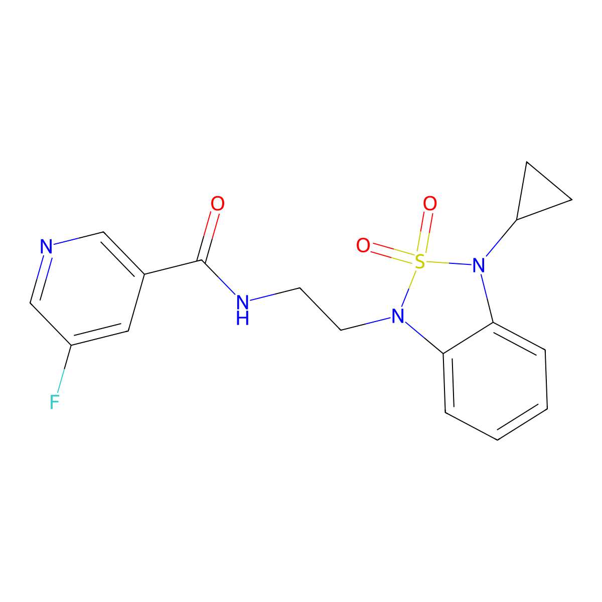 N-[2-(3-cyclopropyl-2,2-dioxo-1,3-dihydro-2lambda6,1,3-benzothiadiazol-1-yl)ethyl]-5-fluoropyridine-3-carboxamide molecular structure, CAS 2097916-47-5