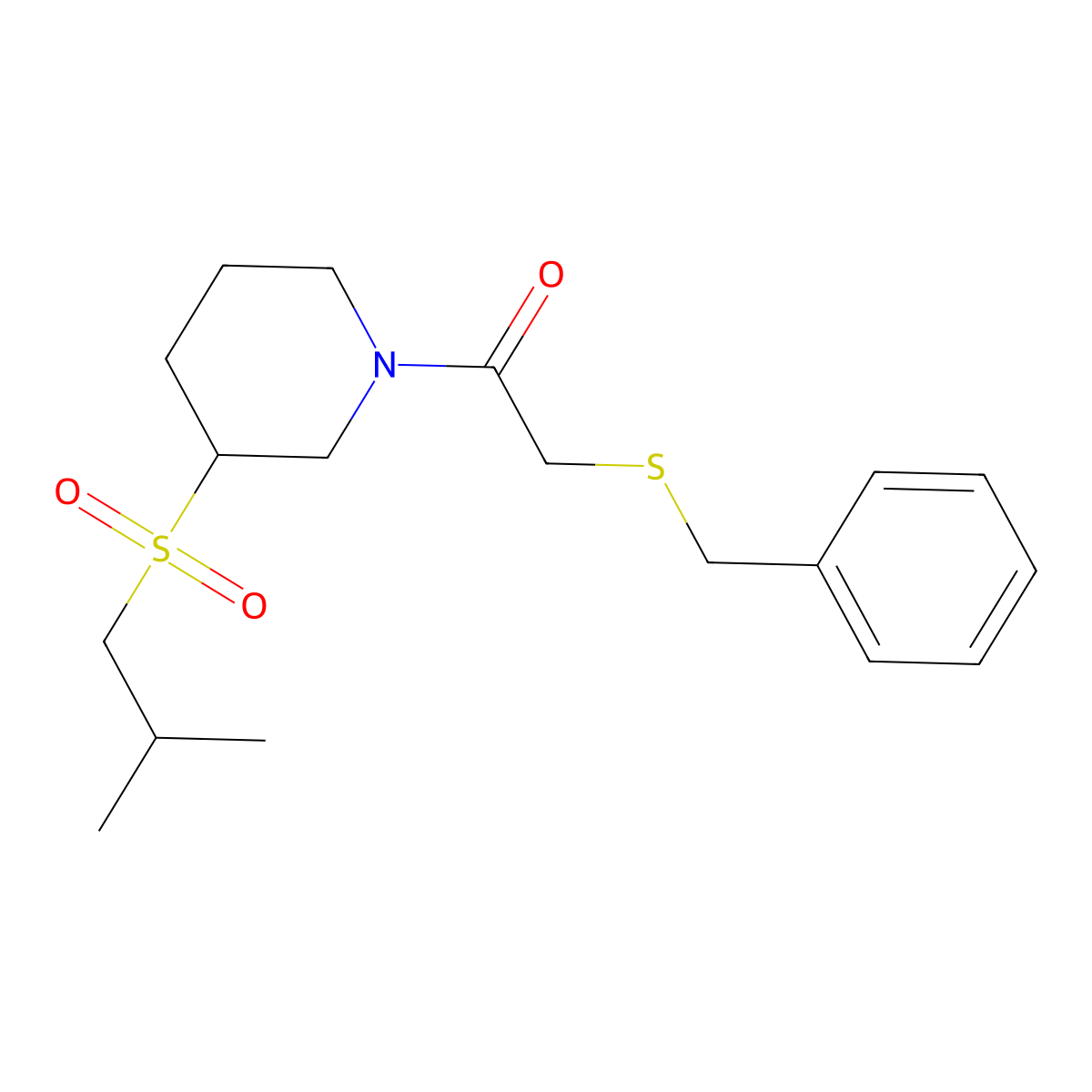 2-(Benzylsulfanyl)-1-[3-(2-methylpropanesulfonyl)piperidin-1-yl]ethan-1-one molecular structure, CAS 2097916-55-5