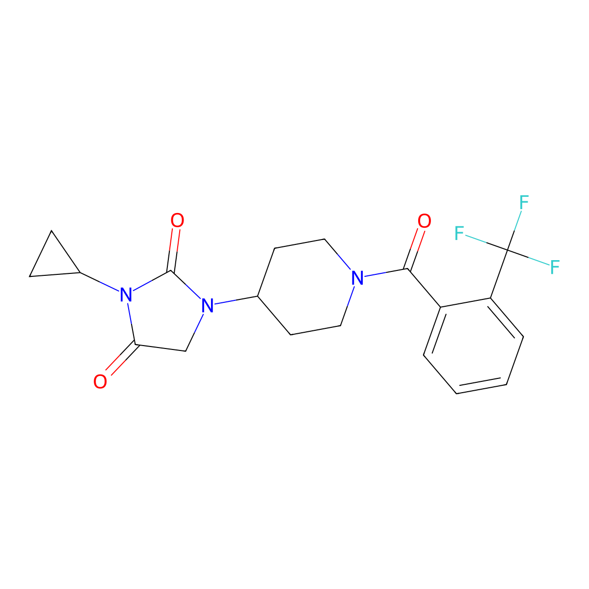 3-Cyclopropyl-1-{1-[2-(trifluoromethyl)benzoyl]piperidin-4-yl}imidazolidine-2,4-dione molecular structure, CAS 2097916-67-9