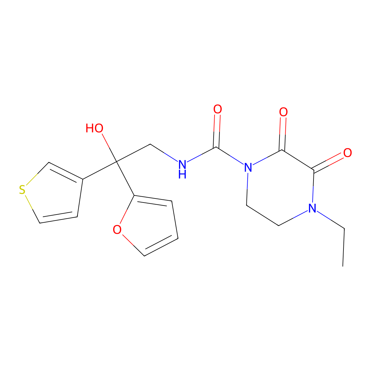 4-ethyl-N-[2-(furan-2-yl)-2-hydroxy-2-(thiophen-3-yl)ethyl]-2,3-dioxopiperazine-1-carboxamide molecular structure, CAS 2097916-73-7
