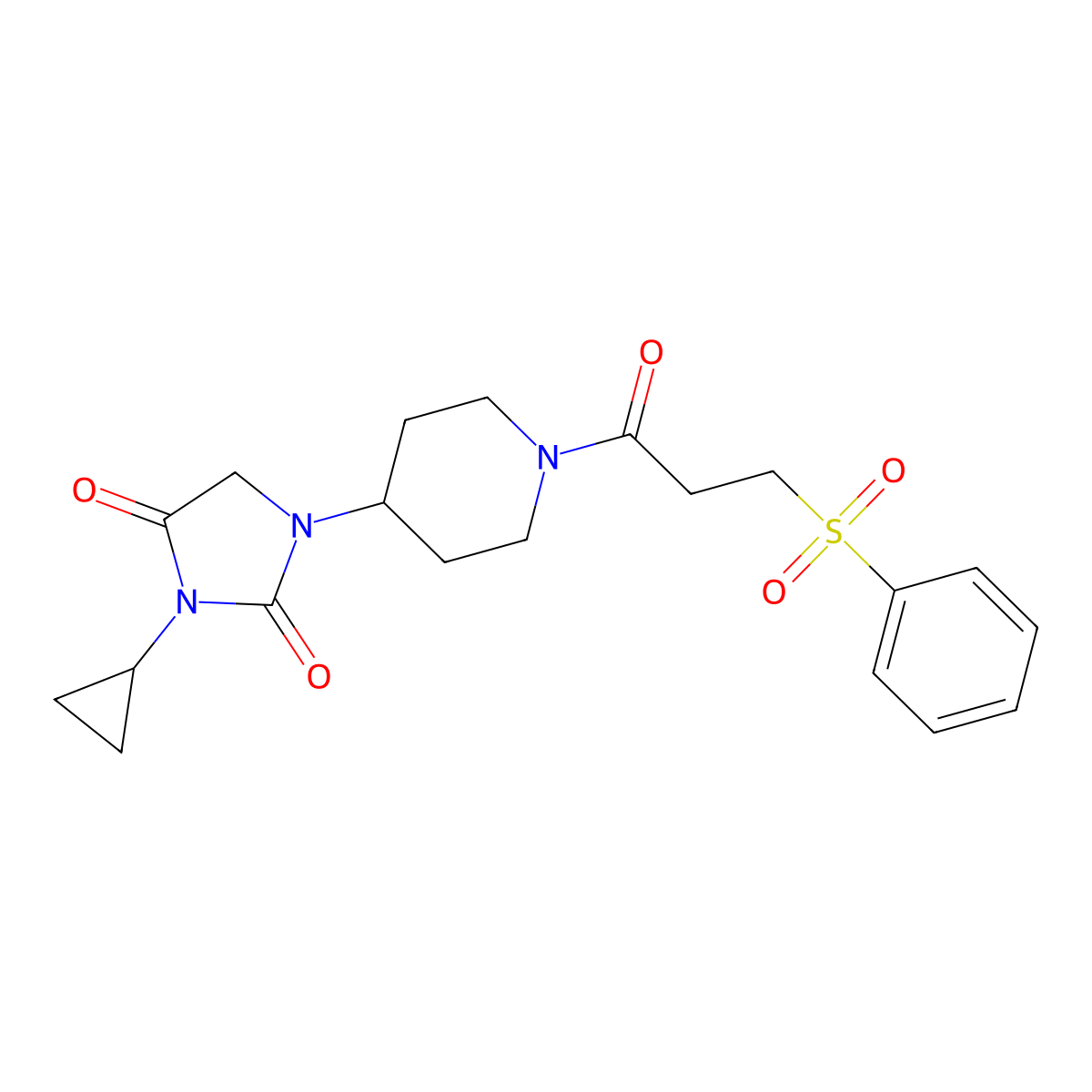 1-{1-[3-(Benzenesulfonyl)propanoyl]piperidin-4-yl}-3-cyclopropylimidazolidine-2,4-dione molecular structure, CAS 2097916-79-3