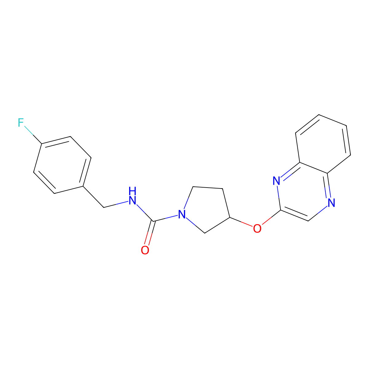 N-[(4-fluorophenyl)methyl]-3-(quinoxalin-2-yloxy)pyrrolidine-1-carboxamide molecular structure, CAS 2097916-80-6