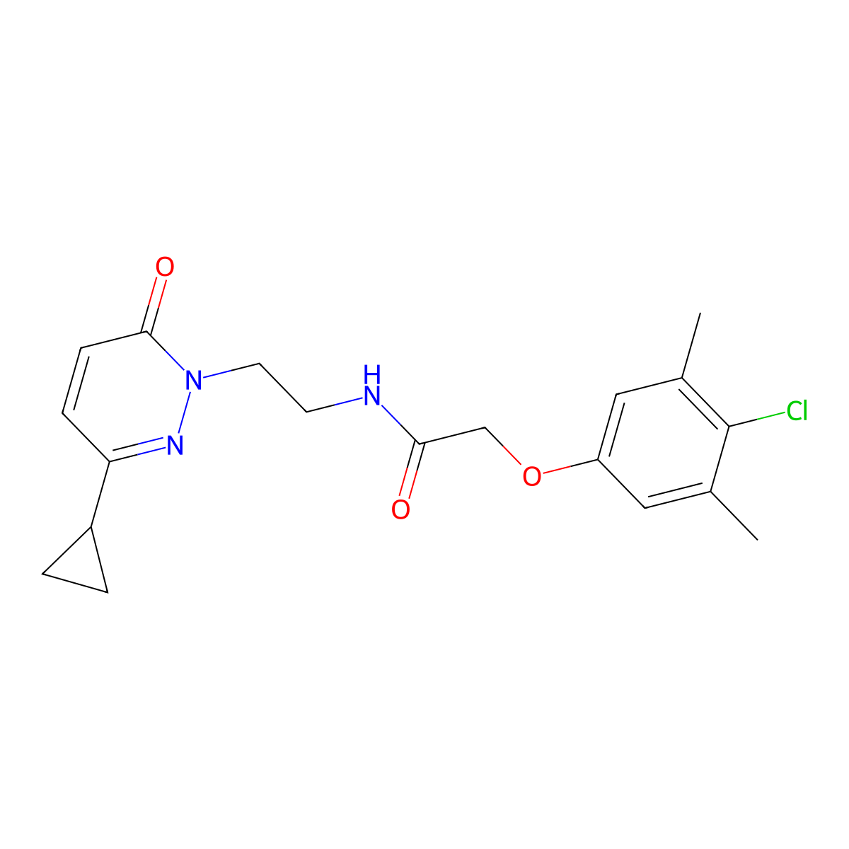 2-(4-chloro-3,5-dimethylphenoxy)-N-(2-(3-cyclopropyl-6-oxopyridazin-1(6H)-yl)ethyl)acetamide molecular structure, CAS 2097916-83-9