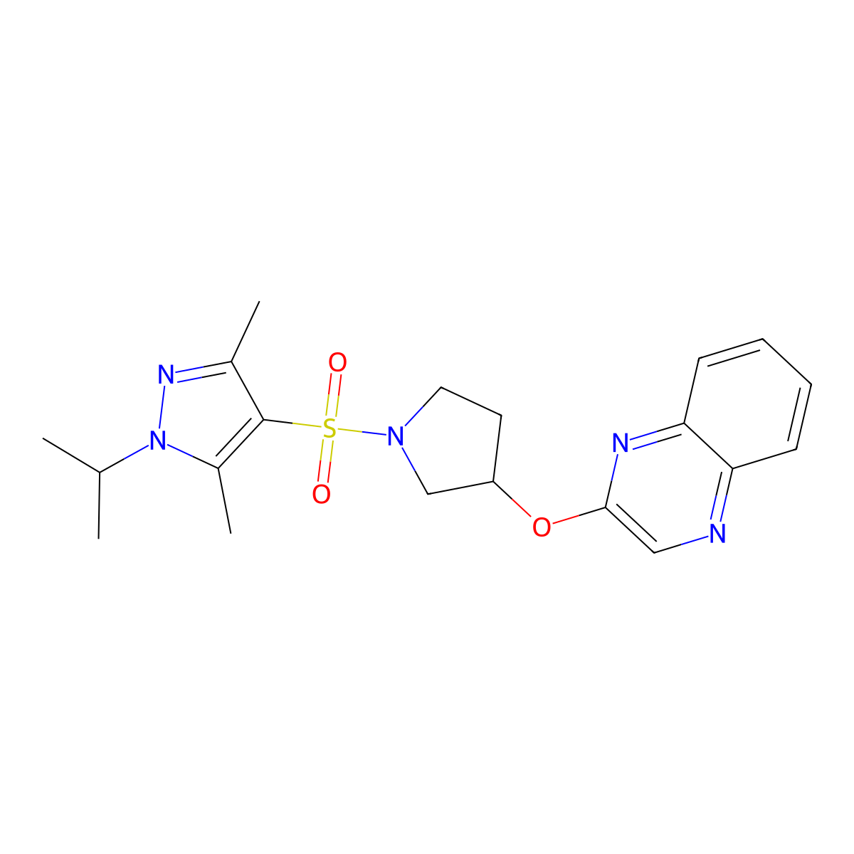 2-[(1-{[3,5-dimethyl-1-(propan-2-yl)-1H-pyrazol-4-yl]sulfonyl}pyrrolidin-3-yl)oxy]quinoxaline molecular structure, CAS 2097916-96-4