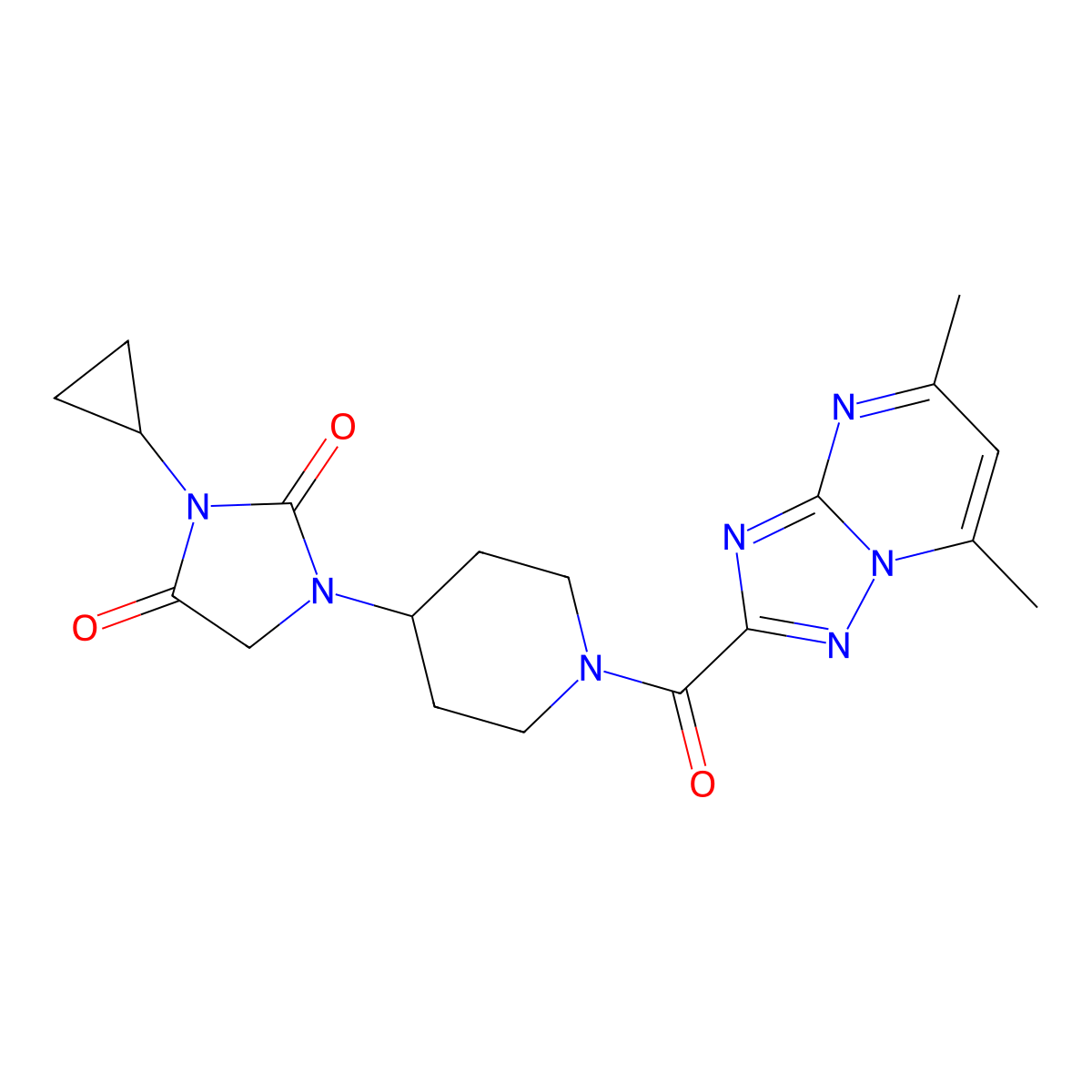 3-Cyclopropyl-1-(1-{5,7-dimethyl-[1,2,4]triazolo[1,5-a]pyrimidine-2-carbonyl}piperidin-4-yl)imidazolidine-2,4-dione molecular structure, CAS 2097916-97-5