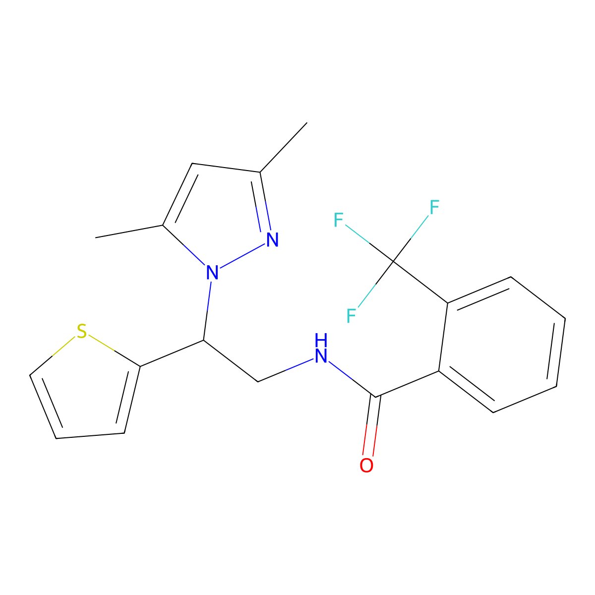 N-[2-(3,5-dimethyl-1H-pyrazol-1-yl)-2-(thiophen-2-yl)ethyl]-2-(trifluoromethyl)benzamide molecular structure, CAS 2097917-05-8
