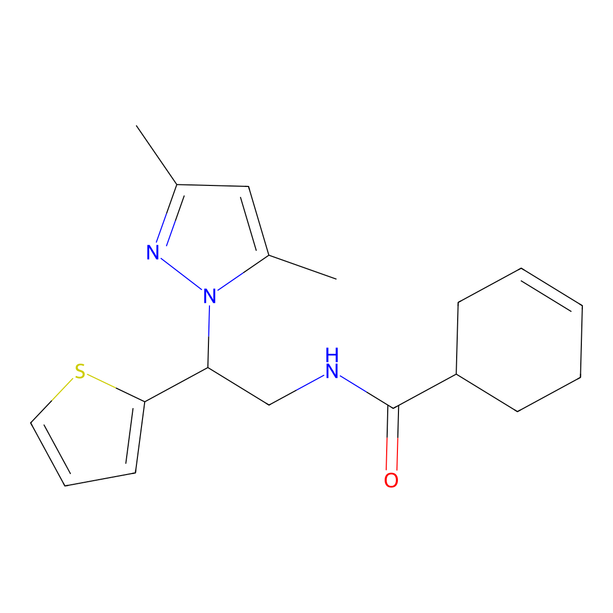 N-(2-(3,5-dimethyl-1H-pyrazol-1-yl)-2-(thiophen-2-yl)ethyl)cyclohex-3-enecarboxamide molecular structure, CAS 2097917-10-5