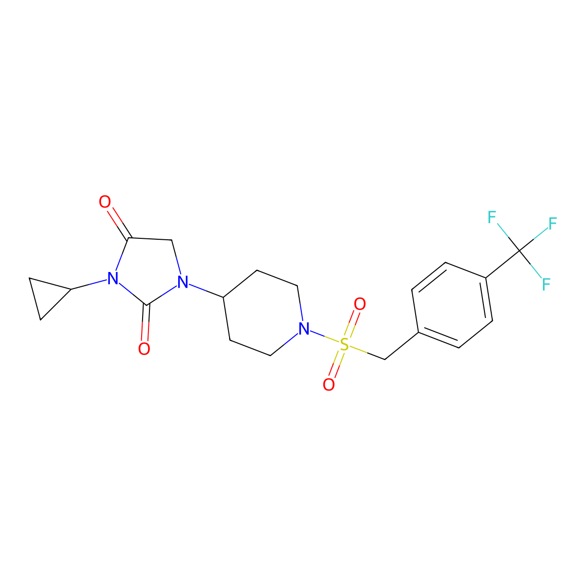 3-Cyclopropyl-1-(1-{[4-(trifluoromethyl)phenyl]methanesulfonyl}piperidin-4-yl)imidazolidine-2,4-dione molecular structure, CAS 2097917-74-1