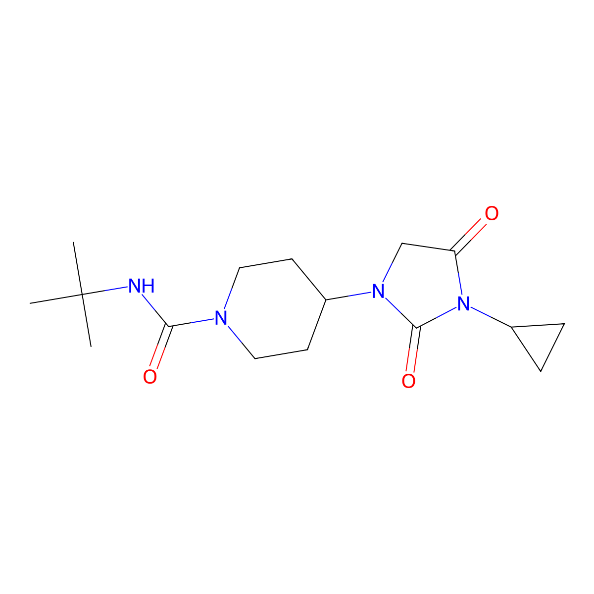N-tert-butyl-4-(3-cyclopropyl-2,4-dioxoimidazolidin-1-yl)piperidine-1-carboxamide molecular structure, CAS 2097917-76-3