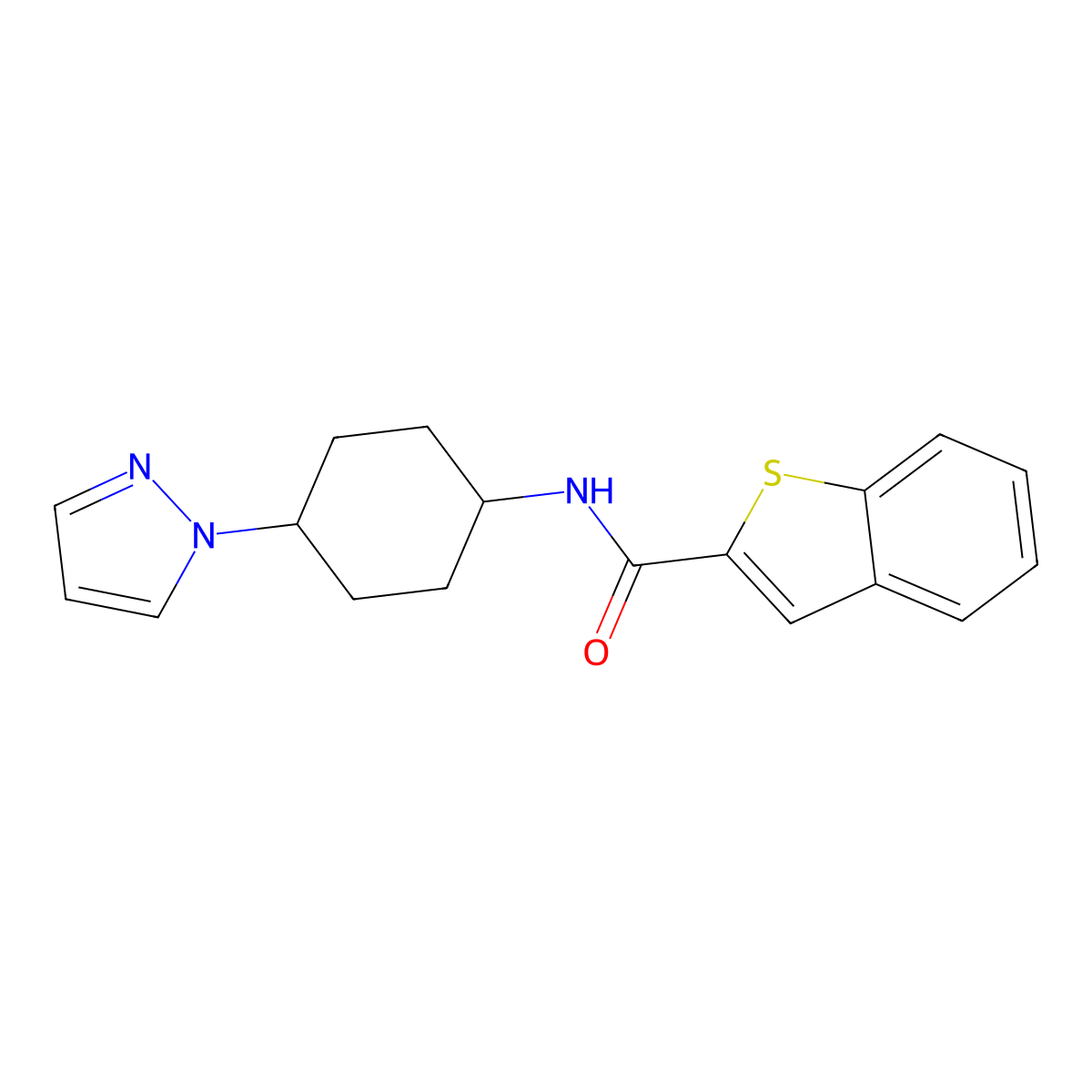 N-[4-(1H-pyrazol-1-yl)cyclohexyl]-1-benzothiophene-2-carboxamide molecular structure, CAS 2097917-84-3