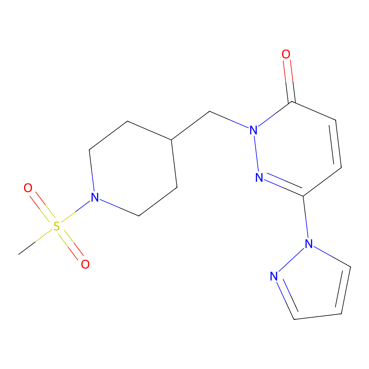 2-[(1-methanesulfonylpiperidin-4-yl)methyl]-6-(1H-pyrazol-1-yl)-2,3-dihydropyridazin-3-one molecular structure, CAS 2097918-01-7