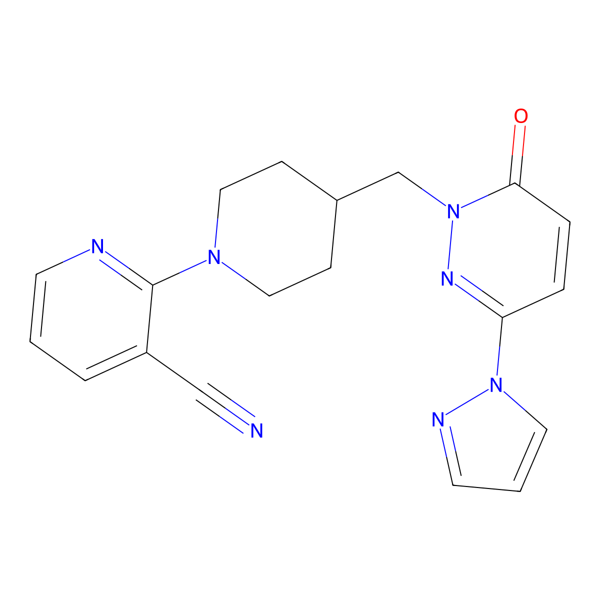 2-(4-{[6-oxo-3-(1H-pyrazol-1-yl)-1,6-dihydropyridazin-1-yl]methyl}piperidin-1-yl)pyridine-3-carbonitrile molecular structure, CAS 2097918-04-0