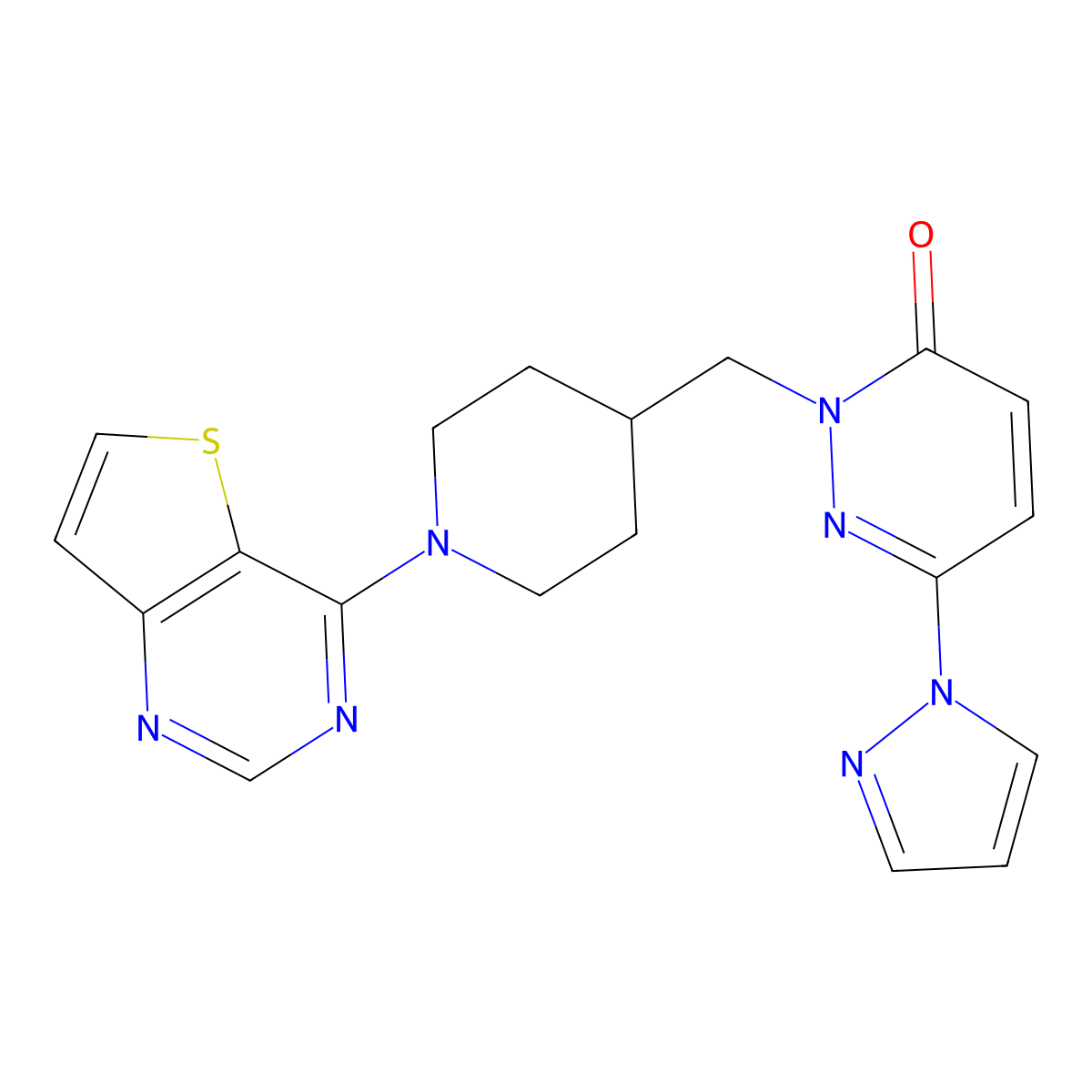 6-(1H-pyrazol-1-yl)-2-[(1-{thieno[3,2-d]pyrimidin-4-yl}piperidin-4-yl)methyl]-2,3-dihydropyridazin-3-one molecular structure, CAS 2097918-09-5