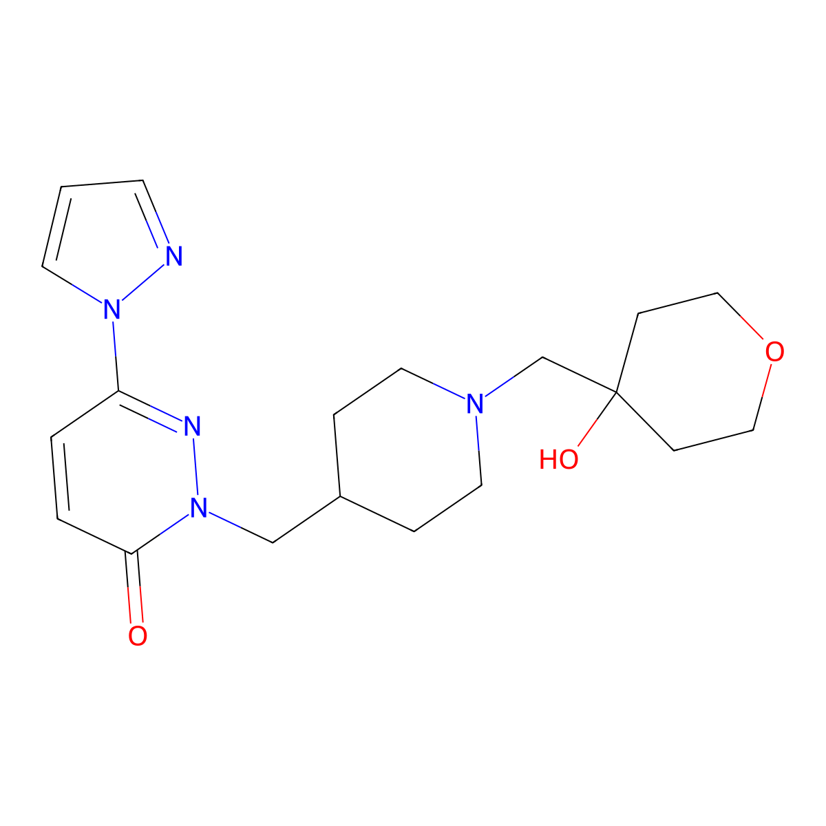 2-({1-[(4-hydroxyoxan-4-yl)methyl]piperidin-4-yl}methyl)-6-(1H-pyrazol-1-yl)-2,3-dihydropyridazin-3-one molecular structure, CAS 2097918-13-1