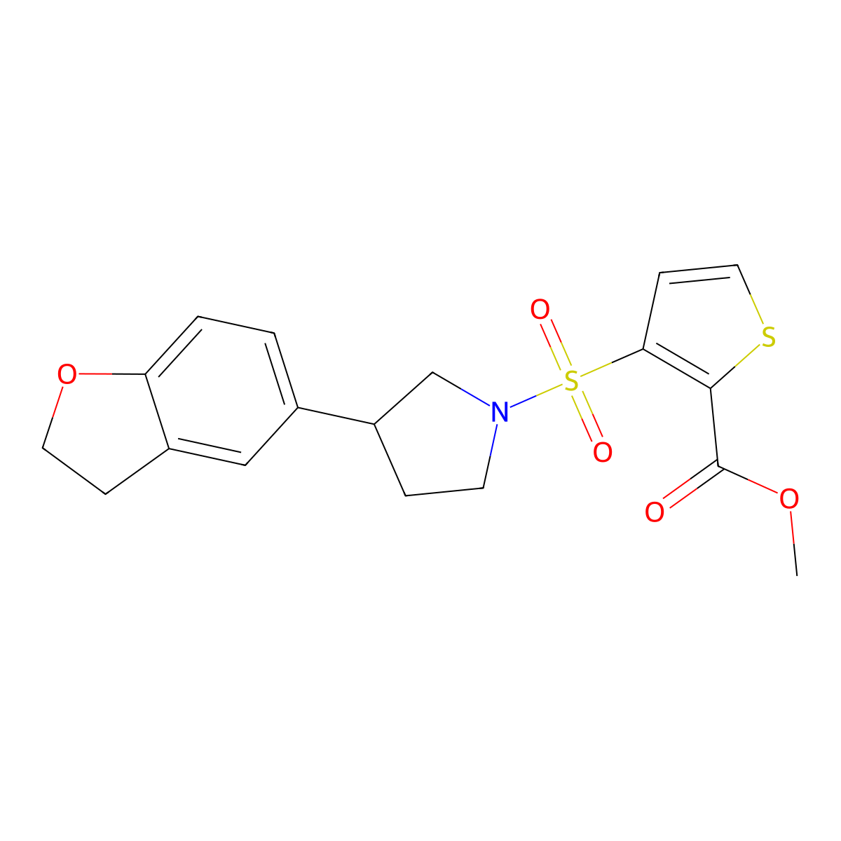 Methyl 3-{[3-(2,3-dihydro-1-benzofuran-5-yl)pyrrolidin-1-yl]sulfonyl}thiophene-2-carboxylate molecular structure, CAS 2097918-51-7