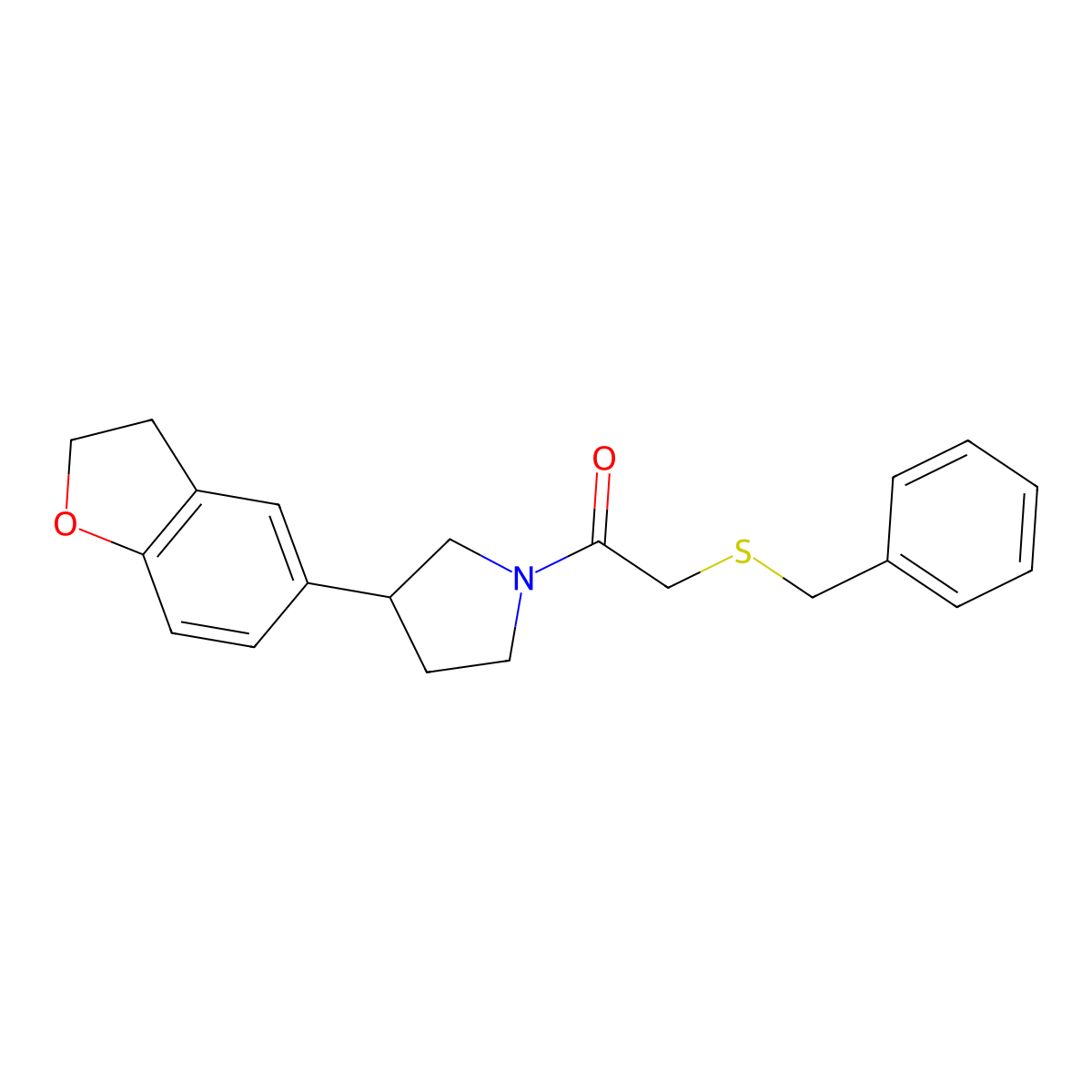 2-(Benzylsulfanyl)-1-[3-(2,3-dihydro-1-benzofuran-5-yl)pyrrolidin-1-yl]ethan-1-one molecular structure, CAS 2097919-09-8