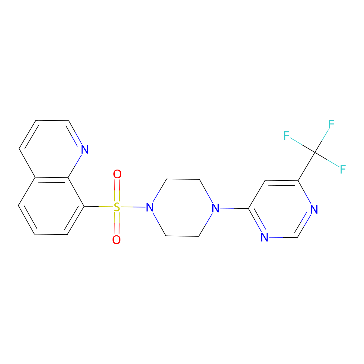 8-({4-[6-(Trifluoromethyl)pyrimidin-4-yl]piperazin-1-yl}sulfonyl)quinoline molecular structure, CAS 2097919-32-7