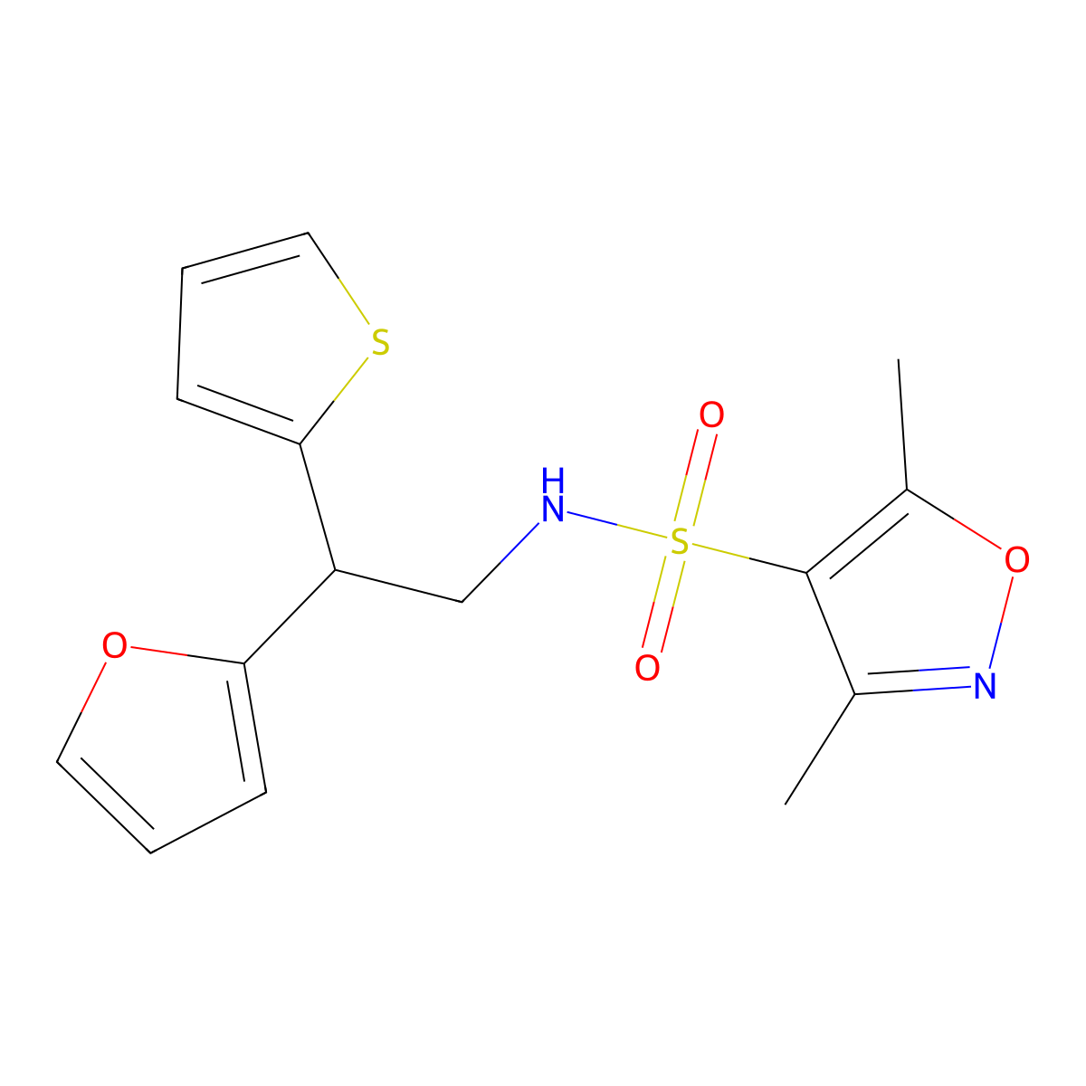 N-[2-(furan-2-yl)-2-(thiophen-2-yl)ethyl]-3,5-dimethyl-1,2-oxazole-4-sulfonamide molecular structure, CAS 2097919-74-7