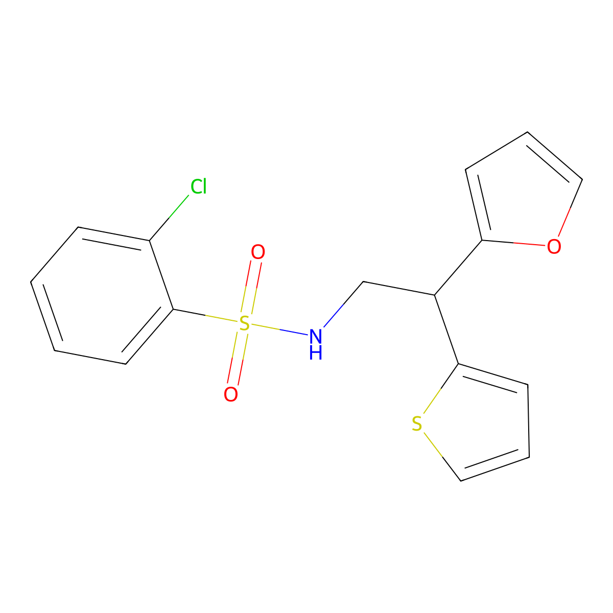 2-chloro-N-[2-(furan-2-yl)-2-(thiophen-2-yl)ethyl]benzene-1-sulfonamide molecular structure, CAS 2097919-78-1