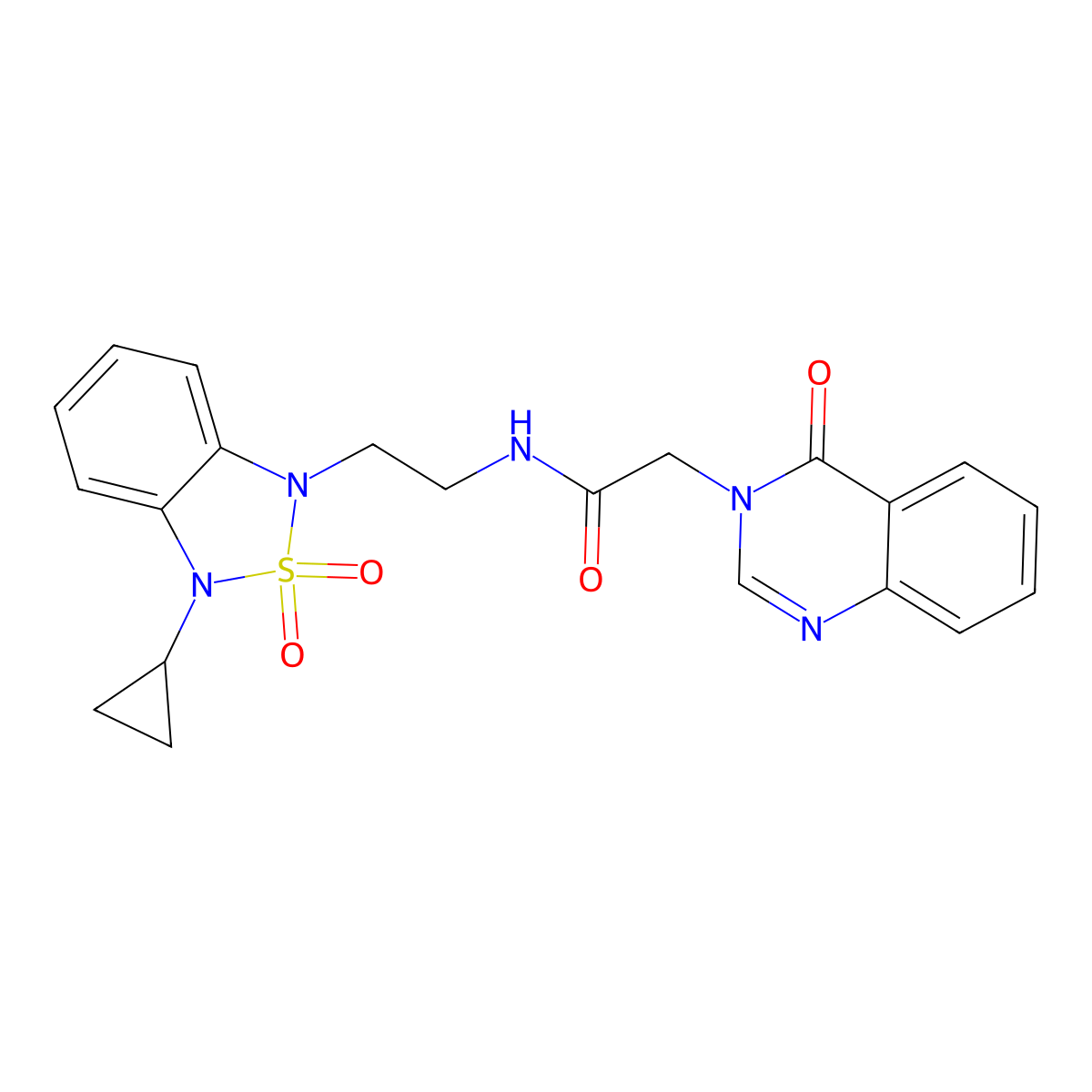 N-[2-(3-cyclopropyl-2,2-dioxo-1,3-dihydro-2lambda6,1,3-benzothiadiazol-1-yl)ethyl]-2-(4-oxo-3,4-dihydroquinazolin-3-yl)acetamide molecular structure, CAS 2097919-84-9