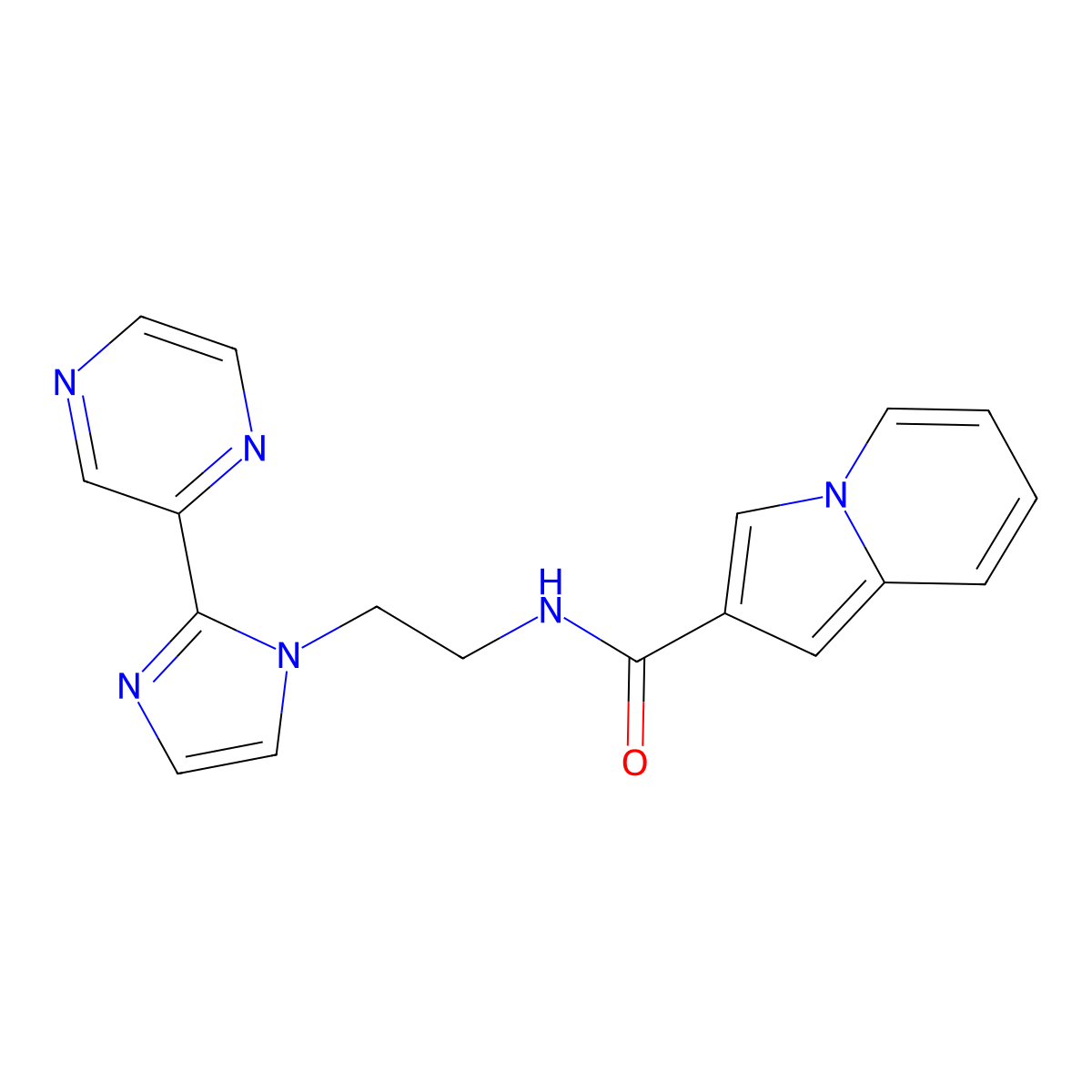 N-{2-[2-(pyrazin-2-yl)-1H-imidazol-1-yl]ethyl}indolizine-2-carboxamide molecular structure, CAS 2097919-92-9