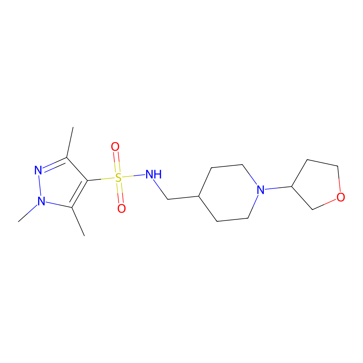 1,3,5-trimethyl-N-{[1-(oxolan-3-yl)piperidin-4-yl]methyl}-1H-pyrazole-4-sulfonamide molecular structure, CAS 2097920-35-7
