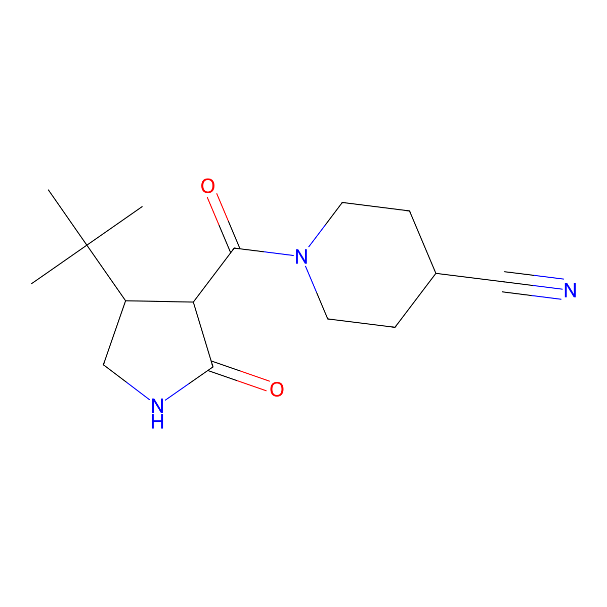 1-(4-Tert-butyl-2-oxopyrrolidine-3-carbonyl)piperidine-4-carbonitrile molecular structure, CAS 2097920-44-8